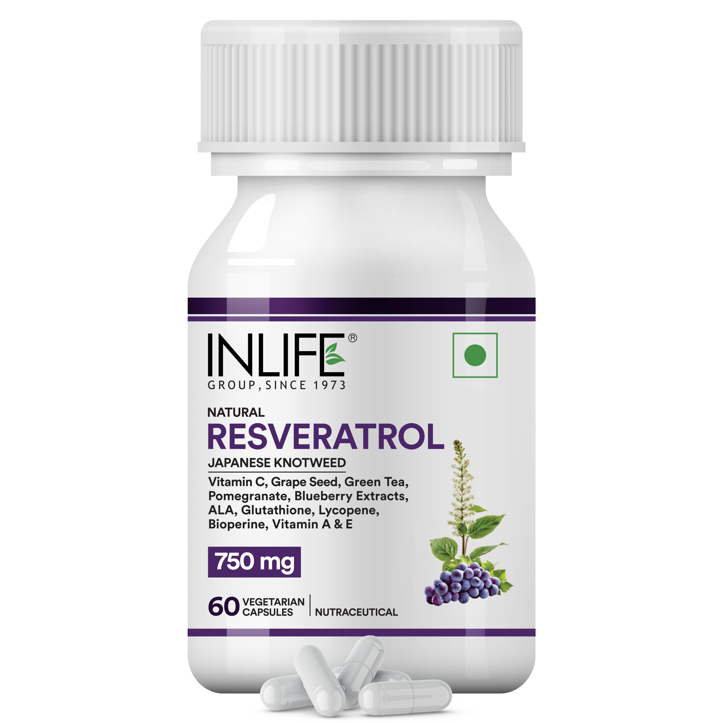 INLIFE Resveratrol Supplements - 750 mg Antioxidant Formula with Japanese Knotweed (Trans-Resveratrol), Grape Seed, Lycopene, Vitamin E & C - 60 Veg Capsules - Supports Skin, Heart Health-image-19