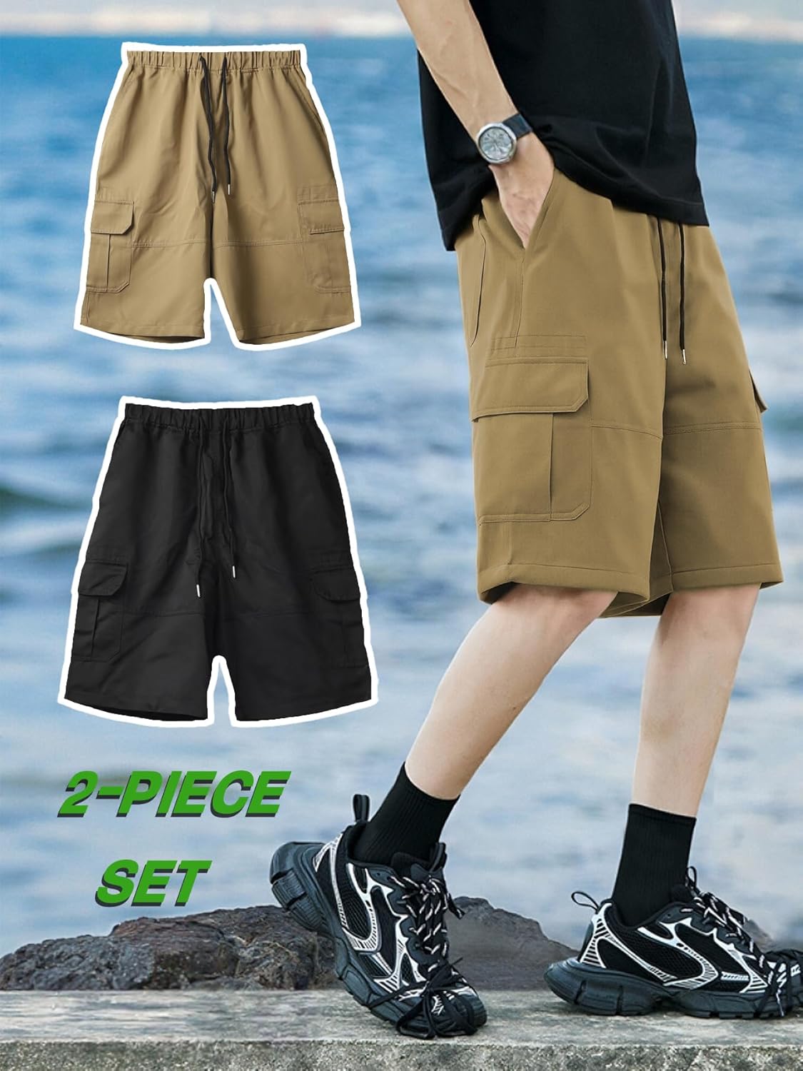 2PCS Men's Cargo Shorts with Drawstring Elastic Waist & Multiple Pockets, Casual Workwear Shorts for Young Men