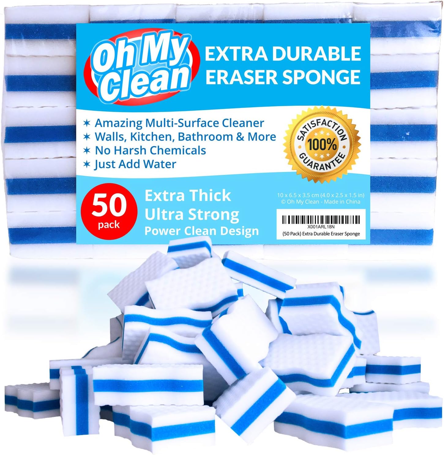 (50 Pack) Extra Durable Eraser Sponge - Extra Thick, Long Lasting, Premium Melamine Sponges in Bulk - Multi-Purpose Power Scrubber - Bathroom, Kitchen, Floor, Bathtub, Toilet, Baseboard, Wall Cleaner