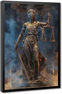 Lady Justice Wall Art Legal Principles Themis Blindfolded Holding Sword Statue Law Office Poster Print for Teen Boys Room Wall Art Canvas Painting Print Black Frame 16x24in