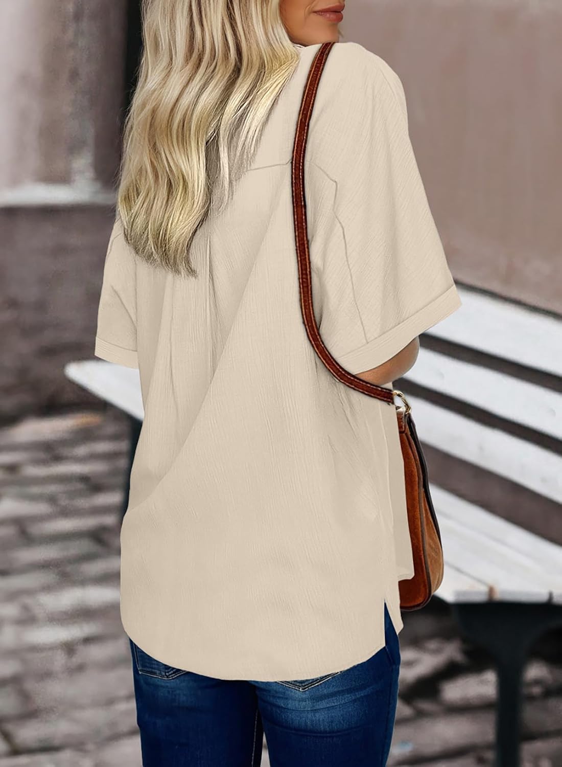 Dokotoo Women's Dressy Casual V Neck Short Sleeve Button Down Shirts Relaxed Work Business Loose Blouses Tops - Image 5