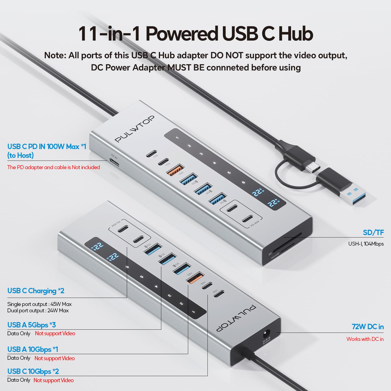 Hub USB C alimentato, hub USB con 2 porte di ricarica Type-C PD da 24/45 W | PULWTOP USB Hub con SD/TF, USB C 10Gbps, USBA 5/10Gbps e 24/45W Type-C PD Charging Ports, 72W Adapter Included