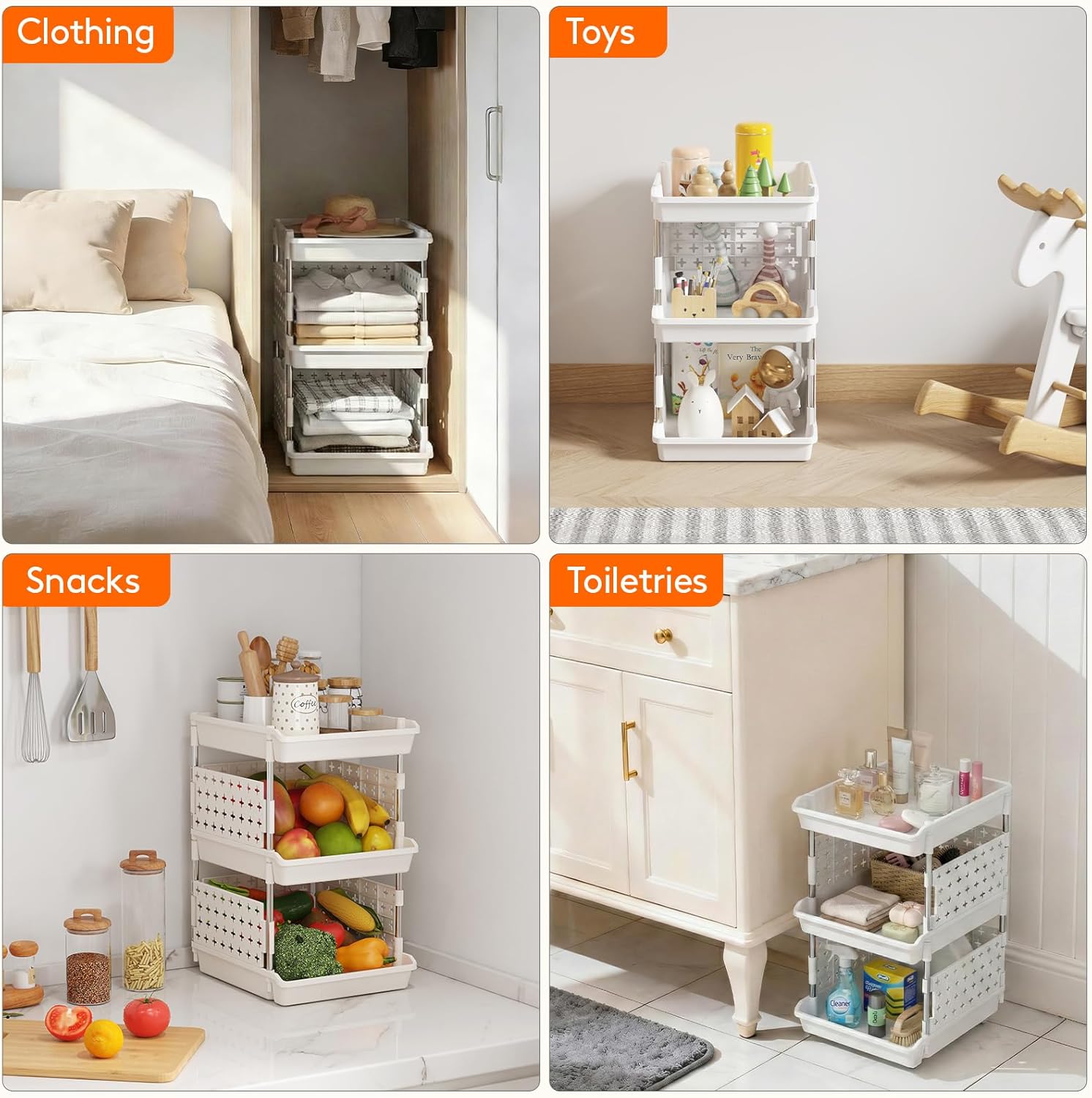 Lifewit Plastic Stackable Storage Baskets, 3 Tier Stacking Bins for Food and Clothes, Multifunctional Organizer for RV, Kitchen, Playroom, Pantry, White, 35 x 30 x 50 cm/14 x 12 x 20 inch, 1 Pack