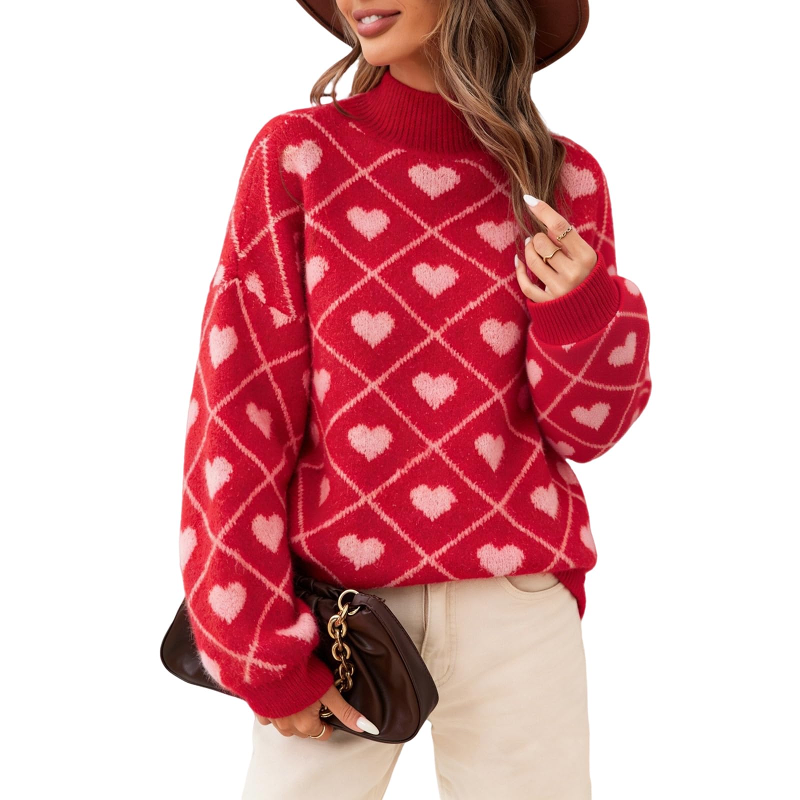 Women Cute Turtleneck Oversized Heart Sweaters Valentines Day Long Sleeve Cozy Knit Holiday Pullover Jumper Tops