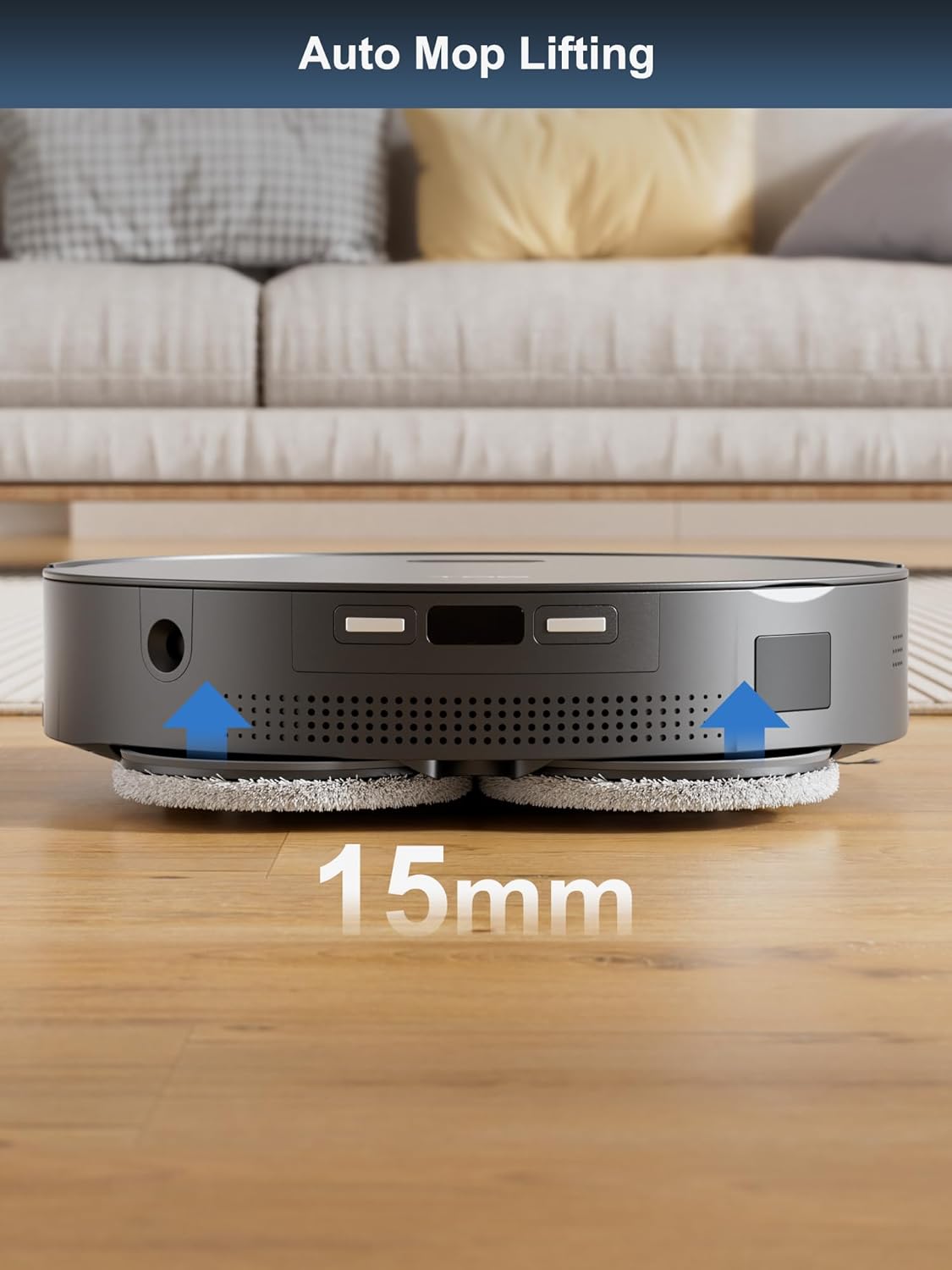 Robot vacuum automatically lifting its mops by 15mm when transitioning from hard floor to carpet.