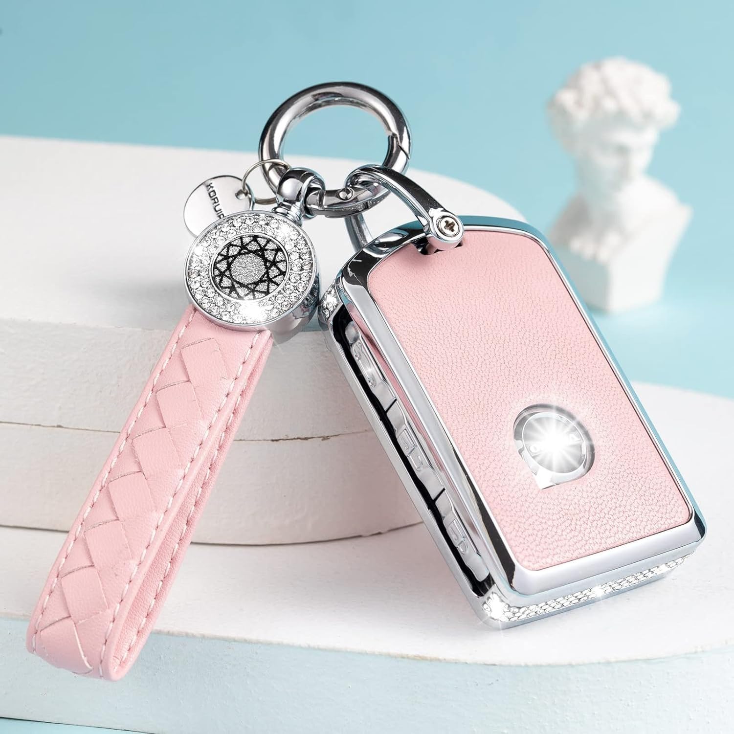 AIEIJJH Crystal Leather Key Fob Cover with Keychain for Volvo 360 Degree Protection Key Shell Case, Pink, Pink