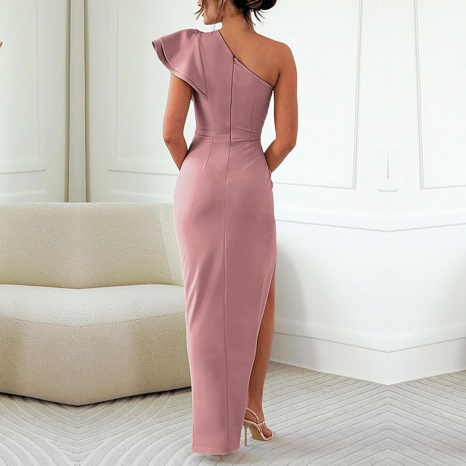 Women's Elegant Dress Sexy Ruffle One Shoulder Bodycon Cocktail Side Slit Midi Dresses Party Solid Color Clothes