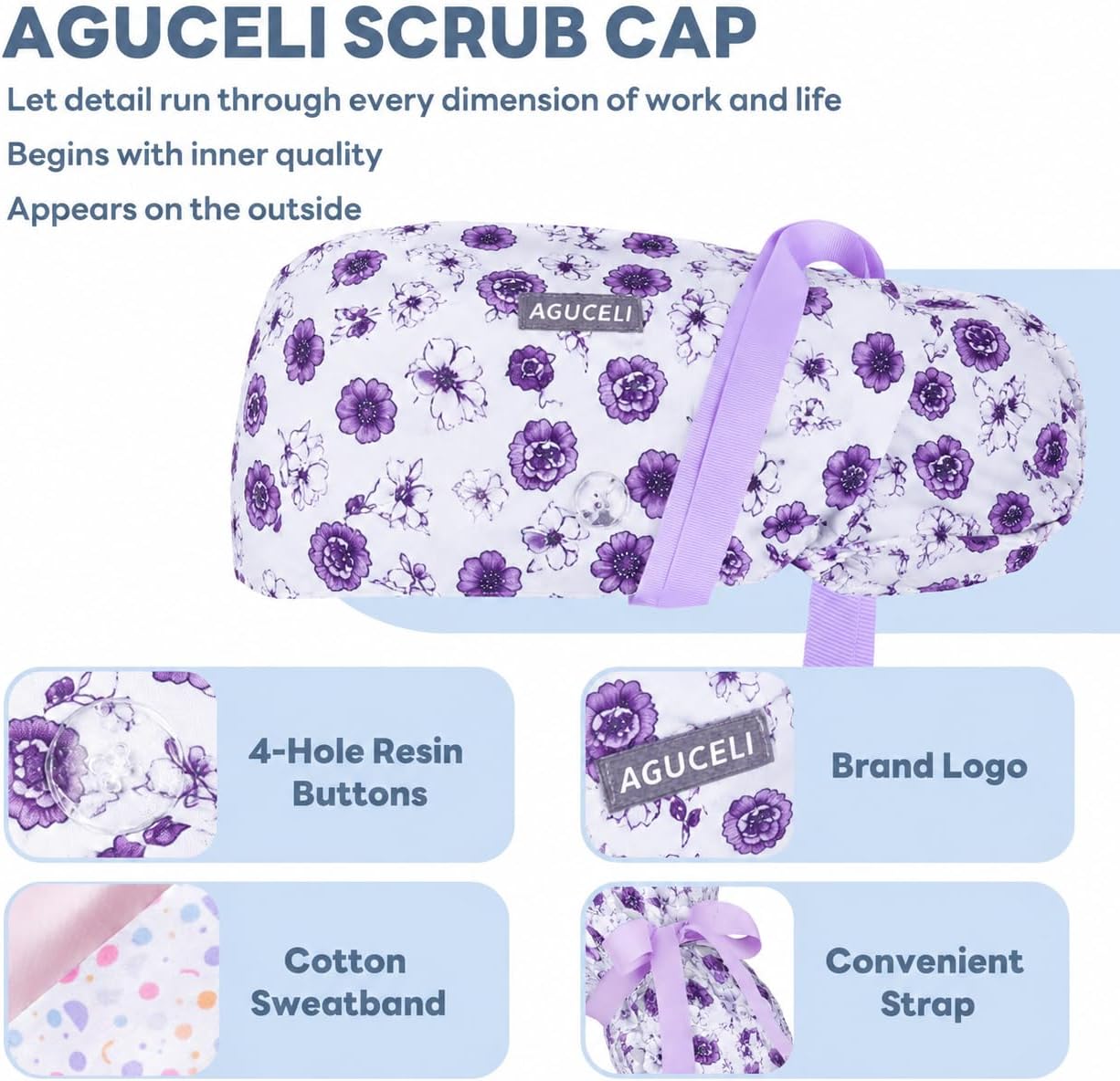 Satin Lined Scrub Cap for Women – Ponytail Holder & Buttons, Adjustable Nurse Cap with Sweatband for Long Hair (Pearlescent White)