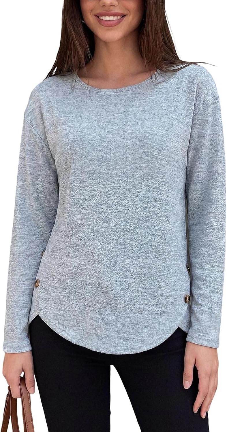 Women's Blouses Long Sleeve Crew Neck Shirts Spring | Women's Long Sleeve Crew Neck Shirts Spring Fall Fashion Outfits Side Slit Blouses Loose Fit Soft Comfy Tops