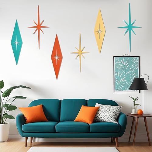 Miniatura 2 de Otoolling 6 piezas de arte de pared moderno de mediados de siglo, arte de pared de hierro fundido retro 3D 8 puntiagudas estrella atómica retro