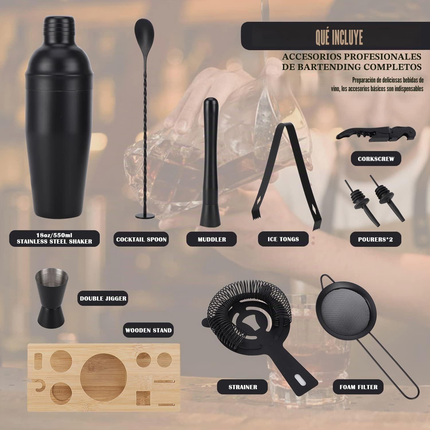 Bartender Kit 11-Piezas Coctelera-Mezclador para Cócteles 25oz Boston Shaker-Accesorios de Bar con Elegante Soporte de Bambú Mix Drink Shaker Kit Kit Martini…