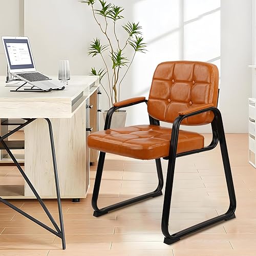 Miniatura 3 de CLATINA Silla de Invitados de Oficina, Sillas de Recepción de Cuero con Brazos Acolchados, Silla de Escritorio Sin Ruedas Estacionaria para