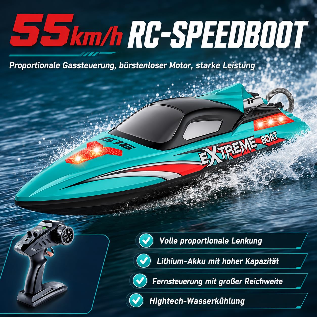 Ferngesteuertes Boot 55 km/h, RC Boot mit Bürstenlosem Motor & LED, Doppelt wasserdicht, Selbstaufrichtung & Reichweitenalarm, Motorboot für Erwachsene, für Pools und Seen
