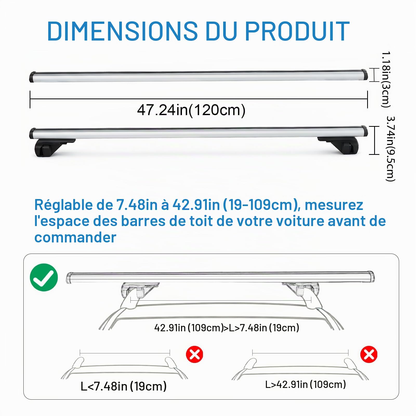 47,2" Barres de Toit Transversales Réglables, Capacité Charge 100kg, Barre de Toit Universelle Aluminium avec Dispositifs Antivol, Galerie de Toit pour SUV avec Rails Latéraux Surélevés