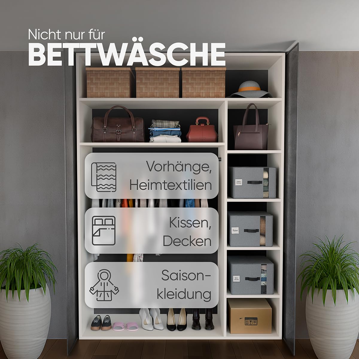 Björn&Schiller Aufbewahrungstasche, 6 Stück Kleideraufbewahrung und Organisation, Kleidung Aufbewahrung, Kleiderboxen Aufbewahrung, 39×36×26 cm, 37L, Leinen, grau, faltbar, mit Sichtfenster & Gurten