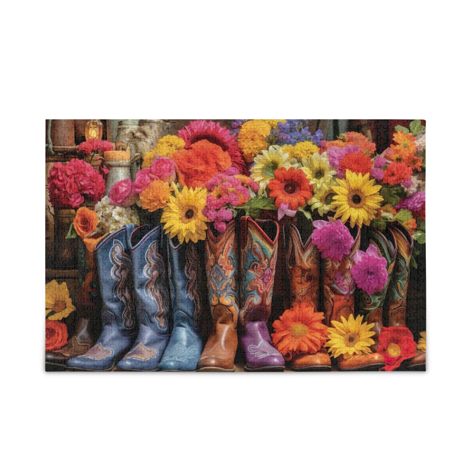 Puzzle 1000 Pezzi per Adulti Stivali Cowboy Fiori Puzzle di Legno Giocattoli Educativi Cervello 21219532