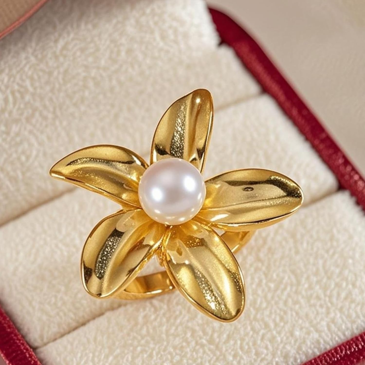 Harry and Henry Gold Chunky Rings with Flower Design Stackable SilverTone Pearl Accent Statement Jewelry for Everyday Wear & Gifting - Image 5