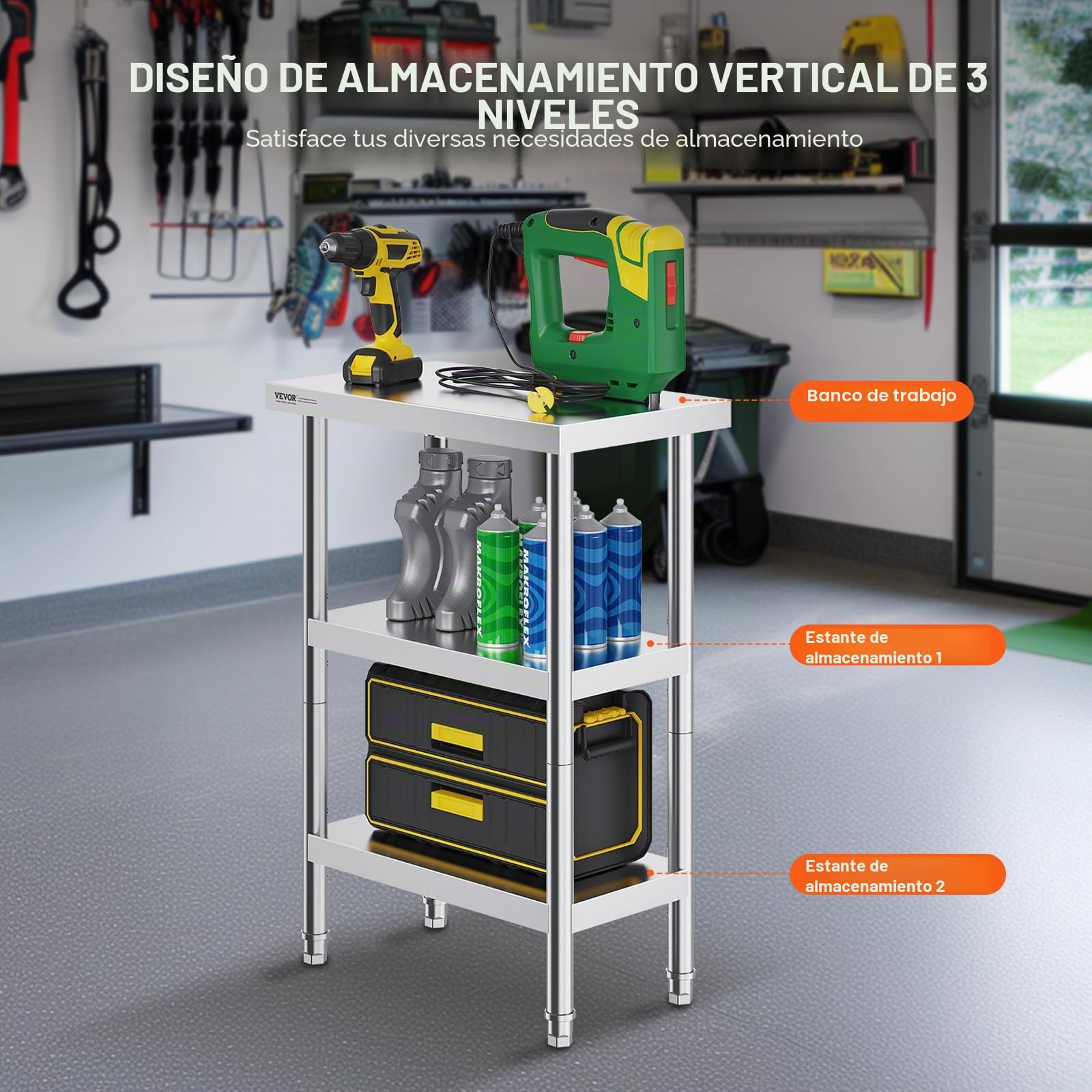 VEVOR Mesa de Preparación de Acero Inoxidable 356x610x864 mm con 2 Estantes Inferiores Ajustables para Cocina Comercial y Hogar