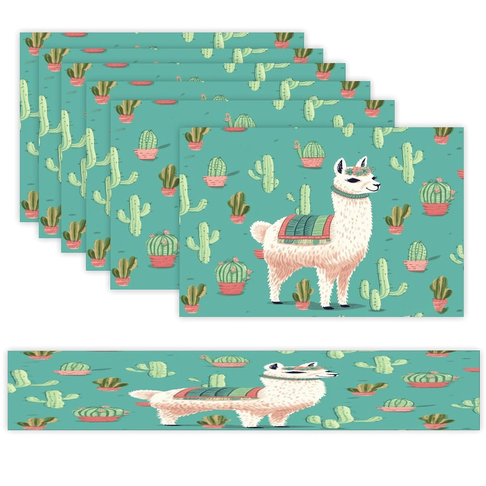 Alpaca Cactus Table Runner and Placemats Set of 6 Wipe Clean Heat Resistant Table Mat with Table Runner Decorations Flax Linen Place Mat Set for Home Kitchen Party Supplies