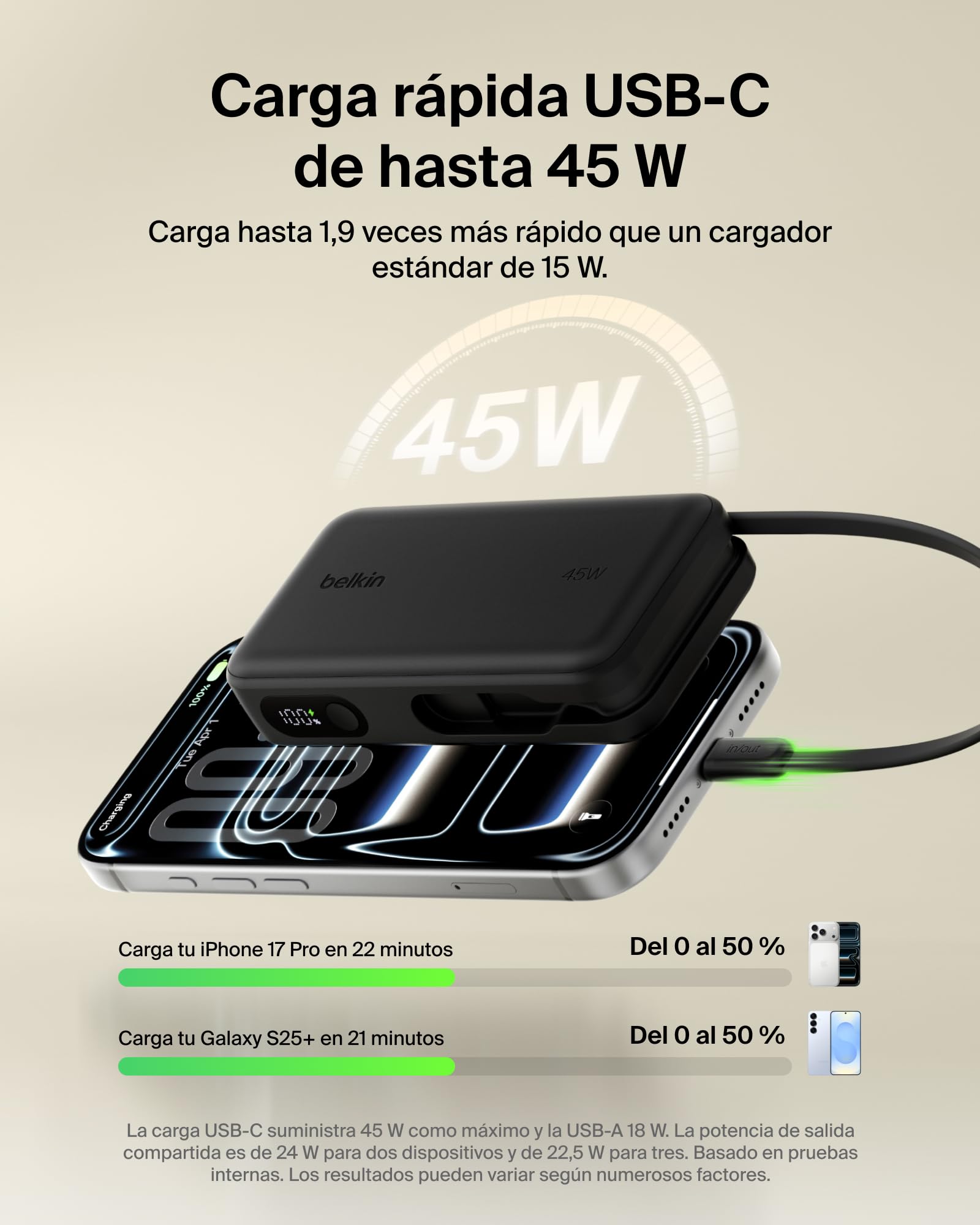 Belkin UltraCharge Batería Externa 10000mAh Cable USB-C y Pantalla - Negro | Power Bank de 10000 mAh, 1 Puerto y 1 Cable USB-C, 1 puerto USB-A, 45 W, LED, Apta como Equipaje de Mano y con Pantalla