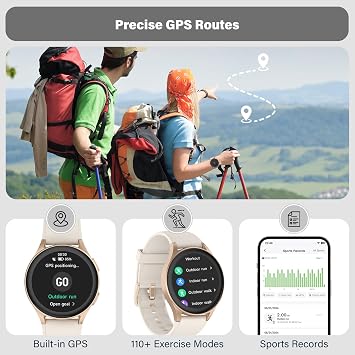 Smartwatch, Built-in Alexa, GPS, VO2 Max, HRV, Blood Oxygen, Sleep Monitoring, Women's Health, Custom Reminders, Sports Tracking, 1.32 AMOLED, Compass, Altimeter (Bluetooth, Gold, 43mm)