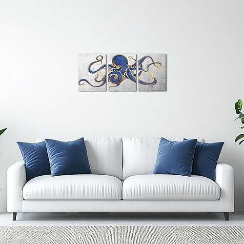 Miniatura 2 de 3 piezas de arte de pared de pulpo, color azul marino, estampado de animales marinos sobre lienzo, póster de vida oceánica para baño, dormitorio,