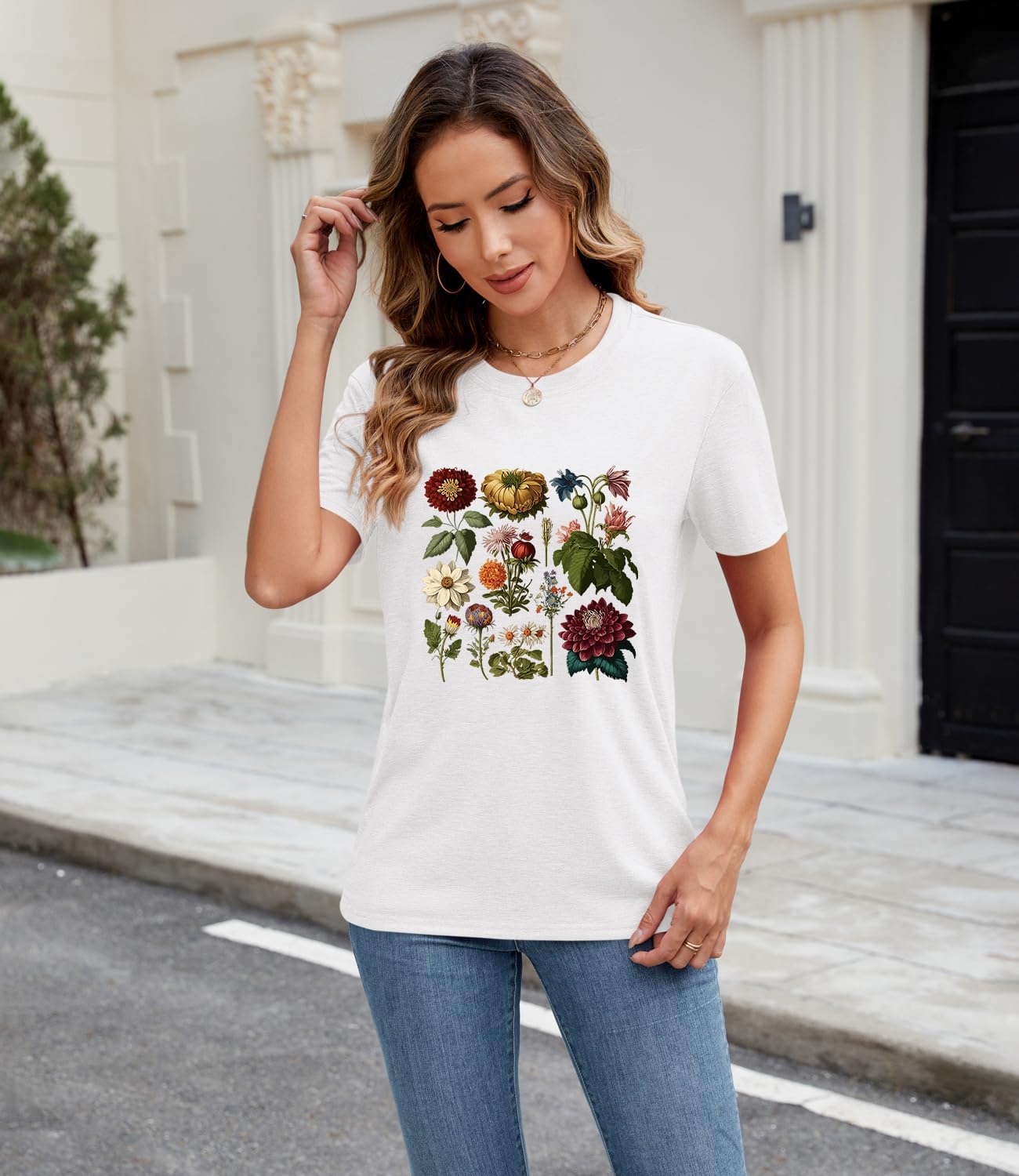 Womens Summer Cute Graphic Short Sleeved Tops Crew Neck Printed Nature Tshirts Tops - Image 2