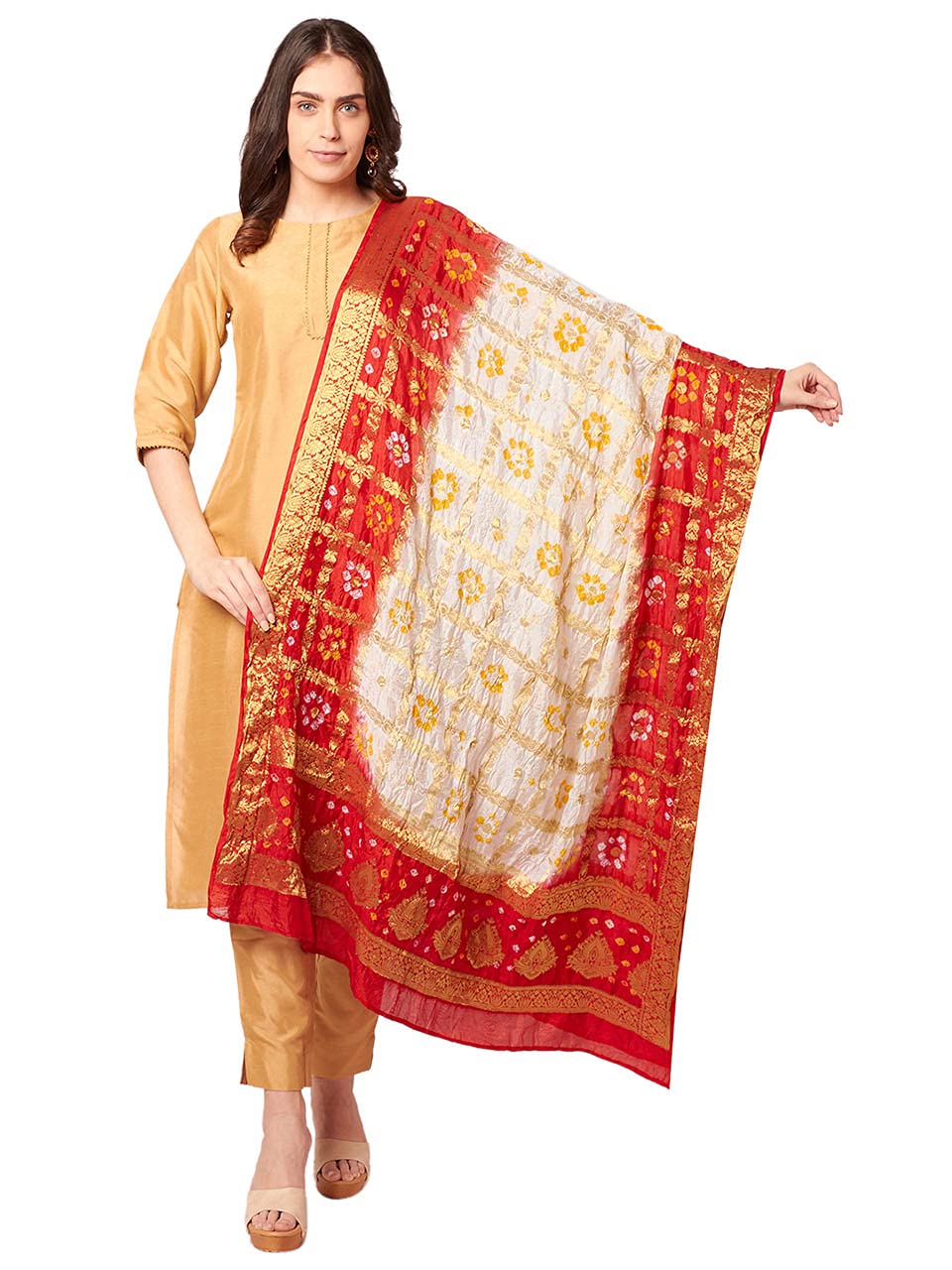 dupatta bazaar Women's White & Red Gharchola Banarasi Silk Dupatta-picture-36