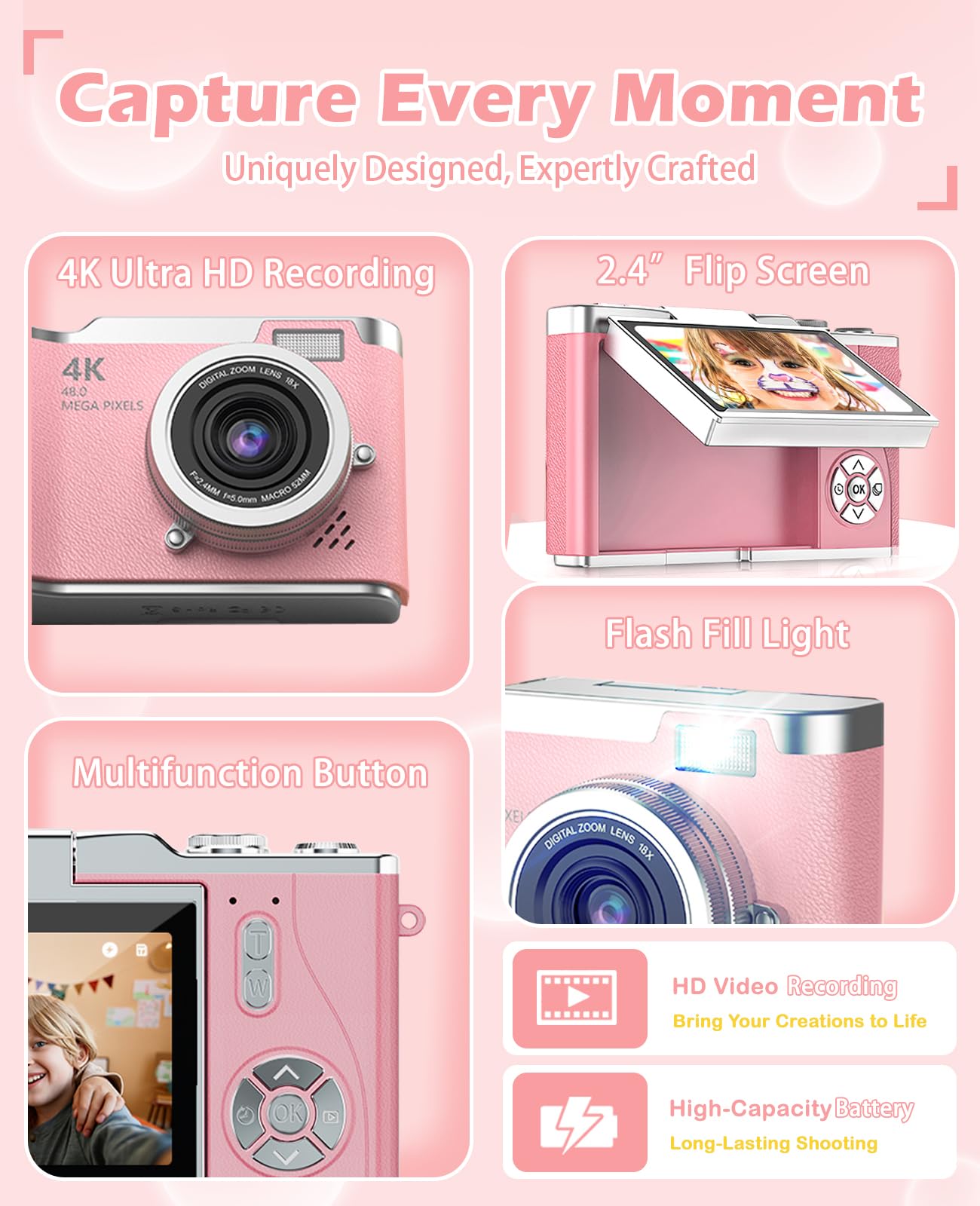 Cámara para niños, cámara digital 4K para fotografía, cámara selfie de video HD de 48MP 1080P, con flash de pantalla abatible de 180°, con tarjeta SD de 32 GB, para principiantes, niños 3