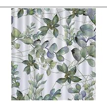 Green Eucalyptus Leaves Print Bath Curtain Waterproof Shower Curtain with Plastic Hooks and Stainless Steel Eyelets