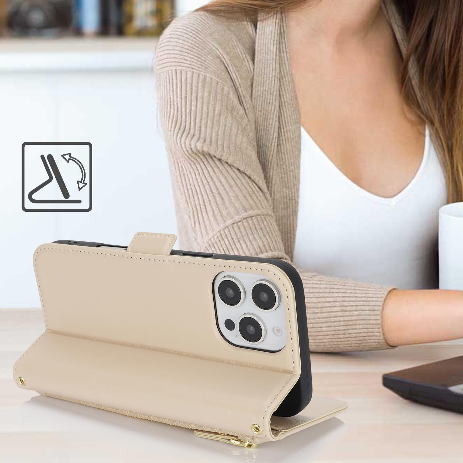 Lipvina for iPhone 16 Pro Wallet Case for Women,Zipper Pocket,PU Leather Phone Case Stand flip Cover Crossbody Lanyard Strap Zipper Credit Card Holder Slots for Apple 16 Pro,Beige