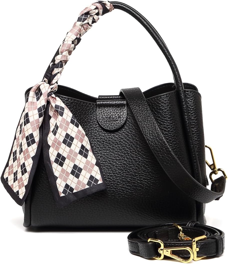 Women's bucket bag with silk scarf, black top handle shoulder bag, adjustable shoulder strap, elegant daily commuting handbag