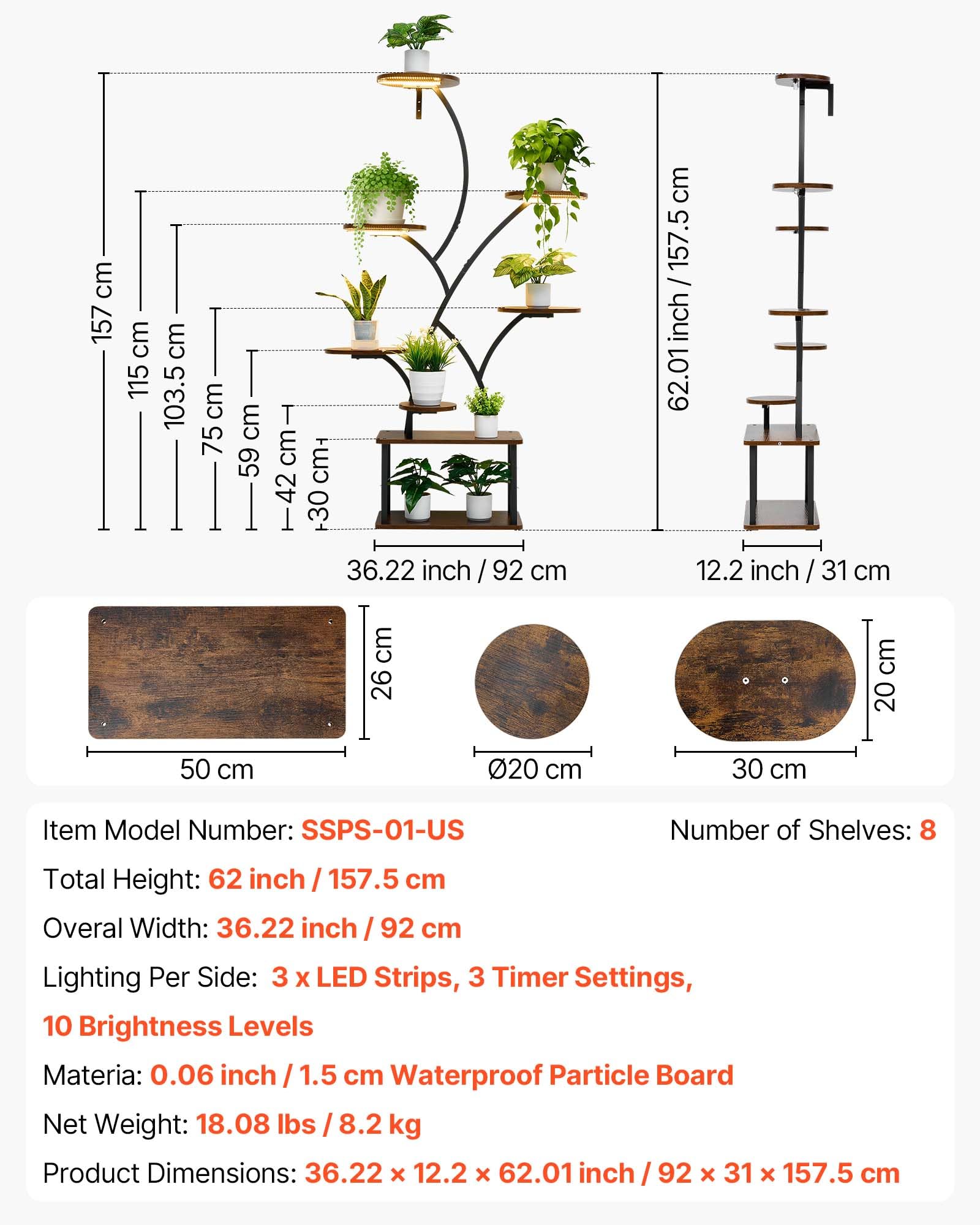 VEVOR Pflanzenständer mit Wachstumslichtern, 8-stöckiges Pflanzenregal, Blumenständer, 3 Timer- & 10 Helligkeitsstufen, Blumenregal als Dekoration für Wohnzimmer & Balkon, 920x310x1575 mm