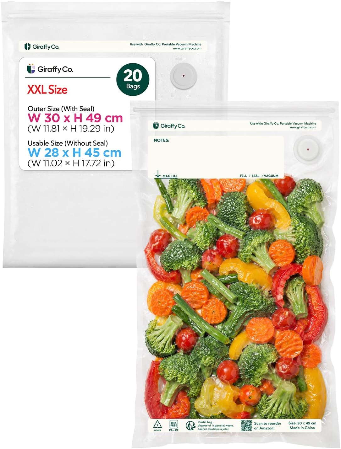 GIRAFFYCO 20 XXL Reusable Vacuum Sealer Bags, 13 x 19.3 in, Food Storage