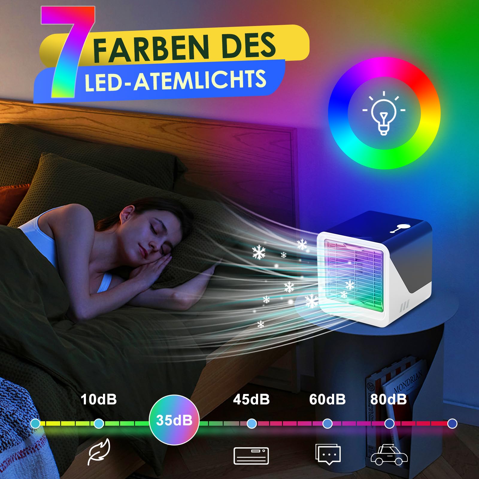 Climatiseur Mobile 3 en 1, Rafraîchisseur d’Air Silencieux avec Réservoir 500ML, USB Ventilateur Portable par Eau, 3 Vitesses, Lumière LED 7 Couleurs, sans évacuation, pour Chambre, Bureau