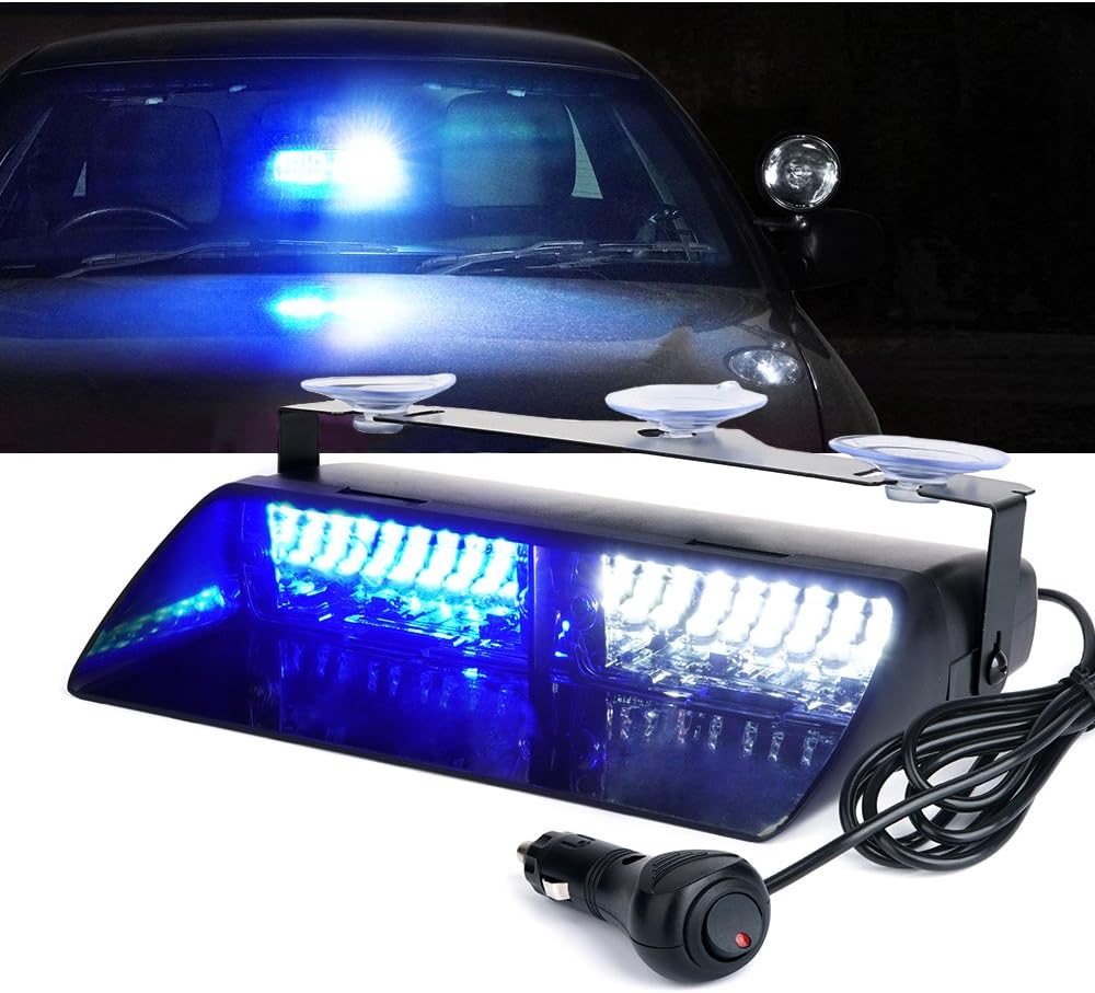 Xprite White Blue LED Emergency Dash Strobe Light, Interior Windshield Safety Warning Flashing Lights w/Suction Cups,12V Windshield Visor Light Bar for Police Law Enforcement Volunteer Vehicles Trucks