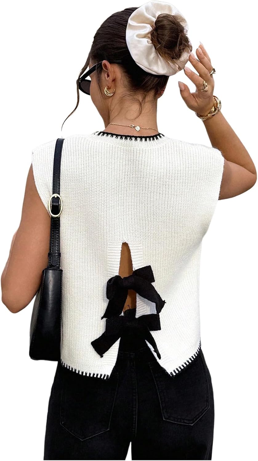 SweatyRocks Women's Short Sleeve Bow Sweater Vest Casual Cap Sleeve Cut Out Knit Pullover Tops Spring Trendy Outfits