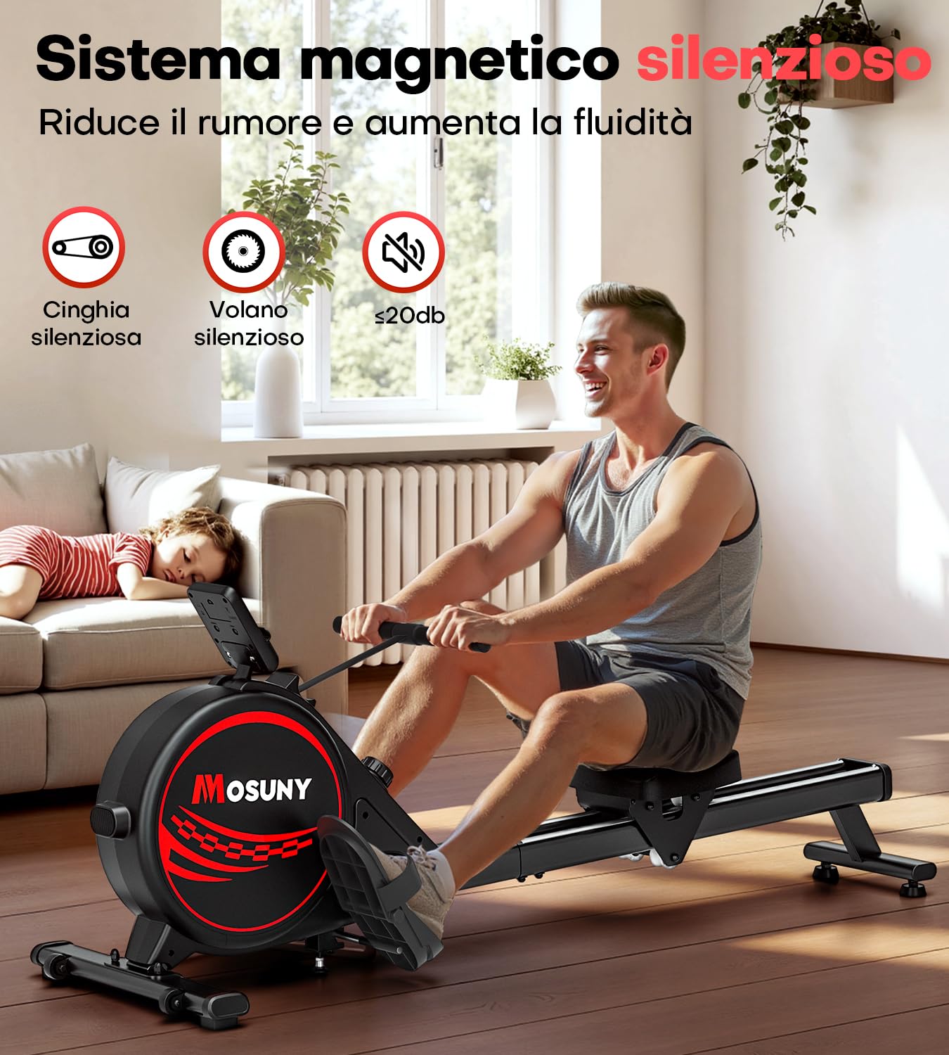 MOSUNY Vogatore per Casa, 16 Livelli di Resistenza, Vogatore Magnetico con Guide di Scorrimento Doppie Aggiornate, Ultra Silenzioso, Display LCD Compatibile con App, Capacità di Carico Fino a 160 kg