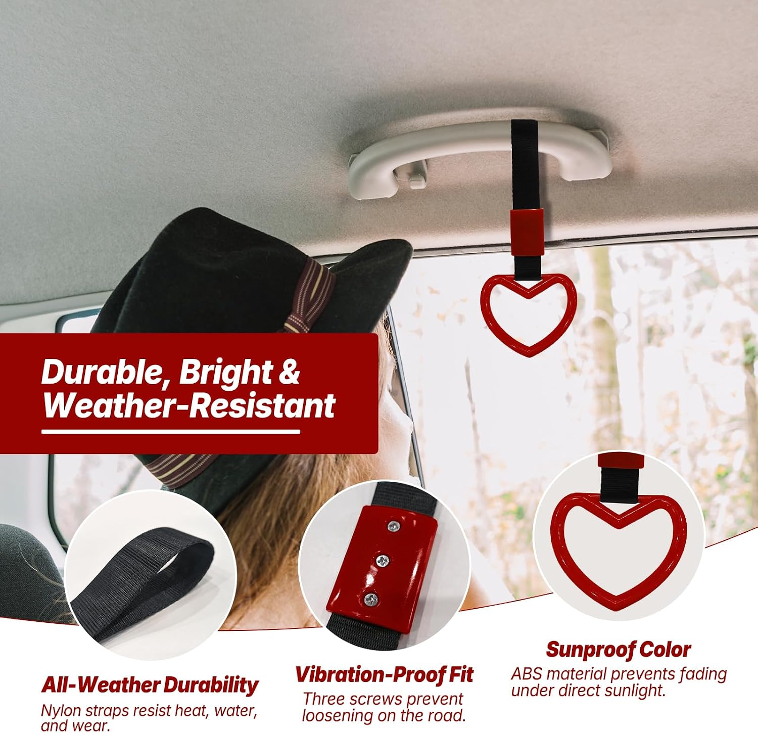2 Pcs Heart Shaped Car Handle Strap – Drift Charm Rear Bumper Warning Ring Decor for Car Interior Exterior, Subway Bus Handle Accessory, Cute Heart Car Decor Gift for Women & Men (Red) image 5