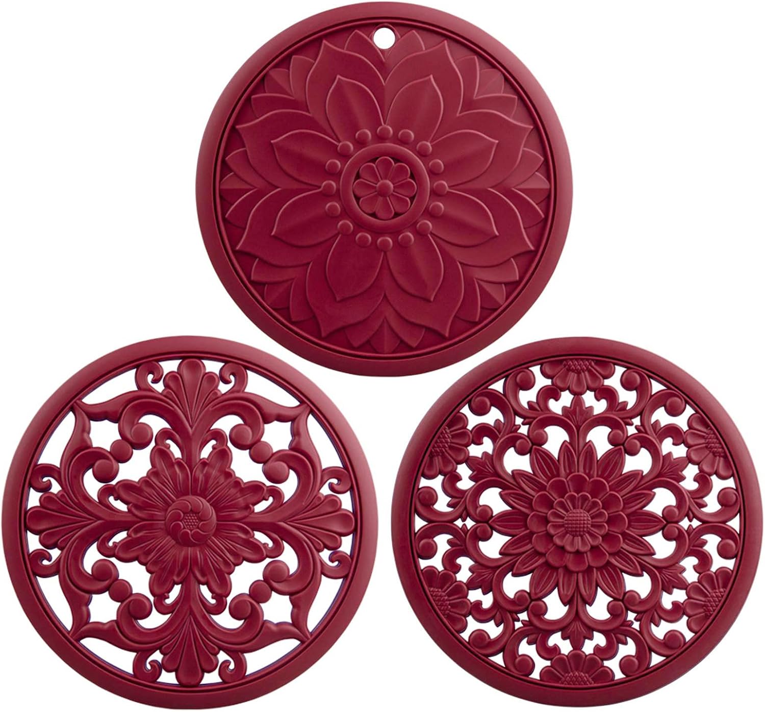 Silicone Trivets for Hot Dishes, Pots & Pans, Multi-use Heat Resistant Mat for Countertops & Tabletop, Hot Pads for Kitchen, Round Trivet Mat for Table, Pot Holders Set of 3 Color Burgundy