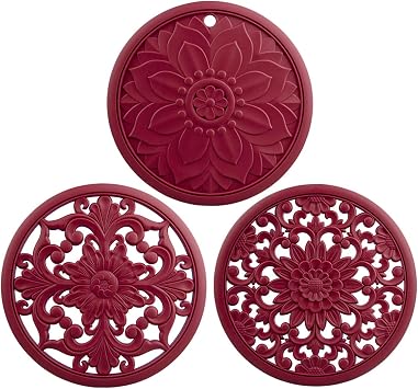 Silicone Trivets for Hot Dishes, Pots & Pans, Multi-use Heat Resistant Mat for Countertops & Tabletop, Hot Pads for Kitchen, Round Trivet Mat for Table, Pot Holders Set of 3 Color Burgundy