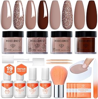 Modelones Dip Powder Nail Kit, 4 Colors Brown Glitter Dipping Starter Set with Liquid