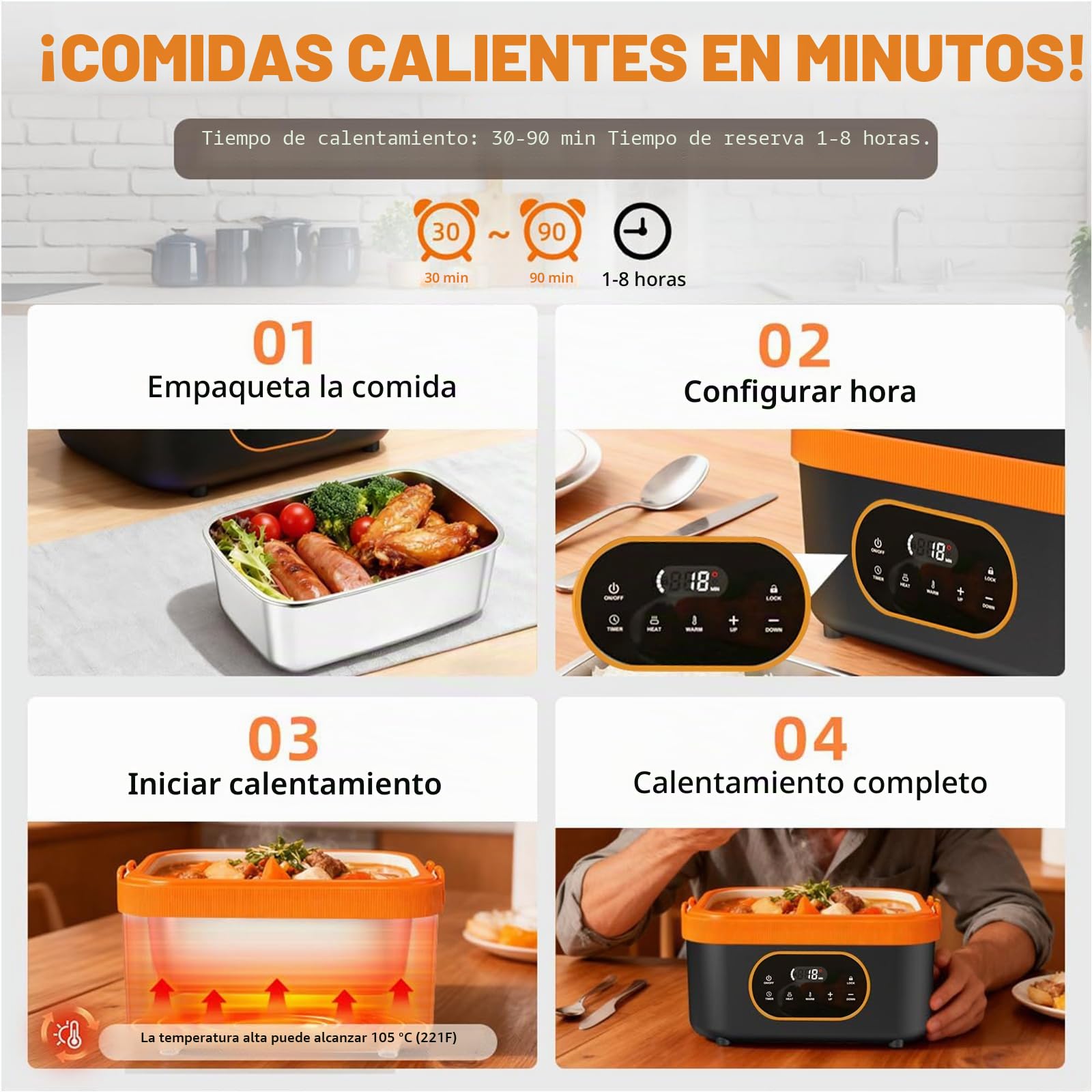 Fiambrera Eléctrica Sin Cable 1.5L，Calentamiento Automático 18000mAh Recargable con Temporizador, Pantalla LED & Bolsa Térmica para Oficina, Camión, Exterior
