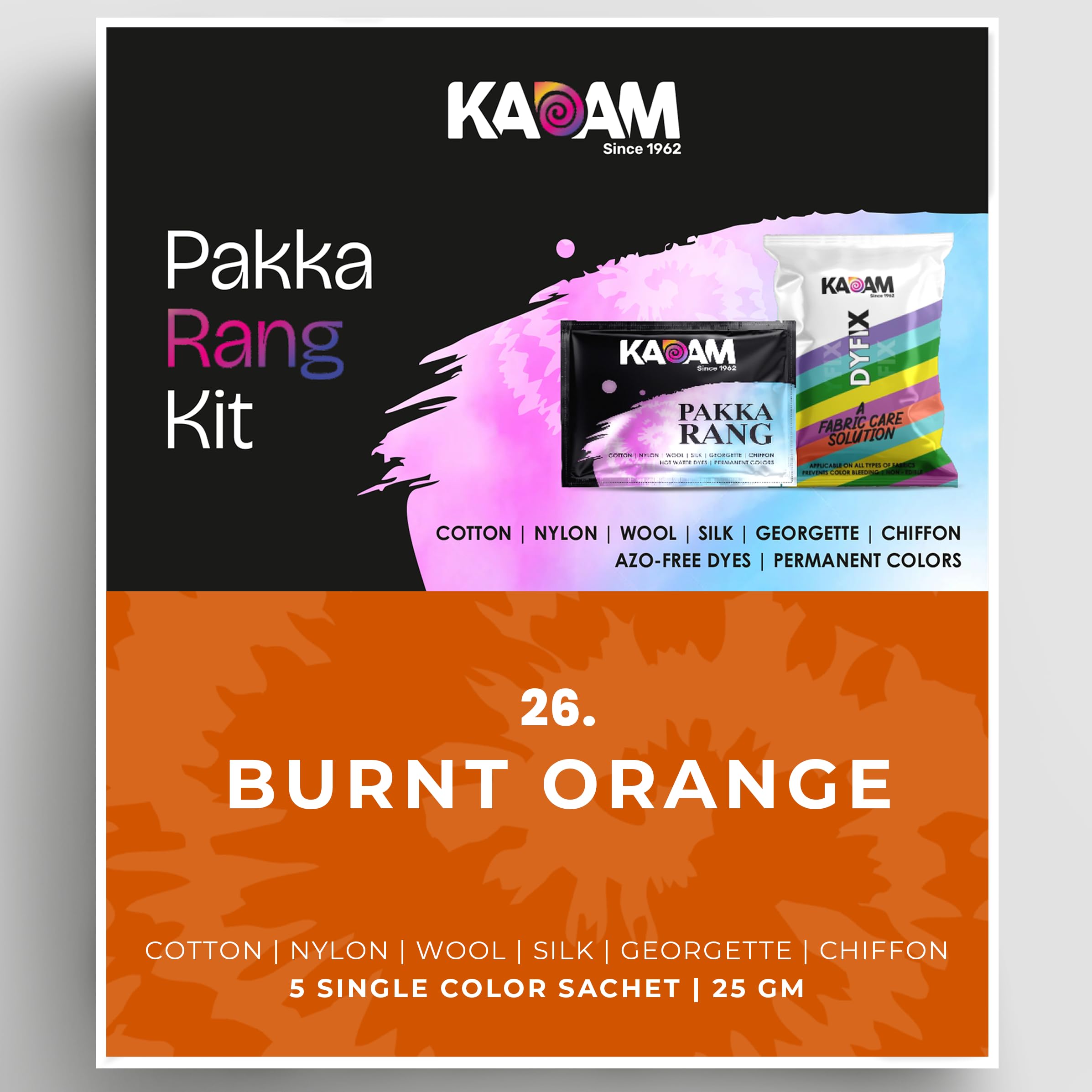 Kadam Pakka Rang Fabric Dye Colour | 25g Pack | Includes DyFix Color Fixer | Permanent Fabric Dyes for Old Faded Jeans and Clothes (Burnt Orange)