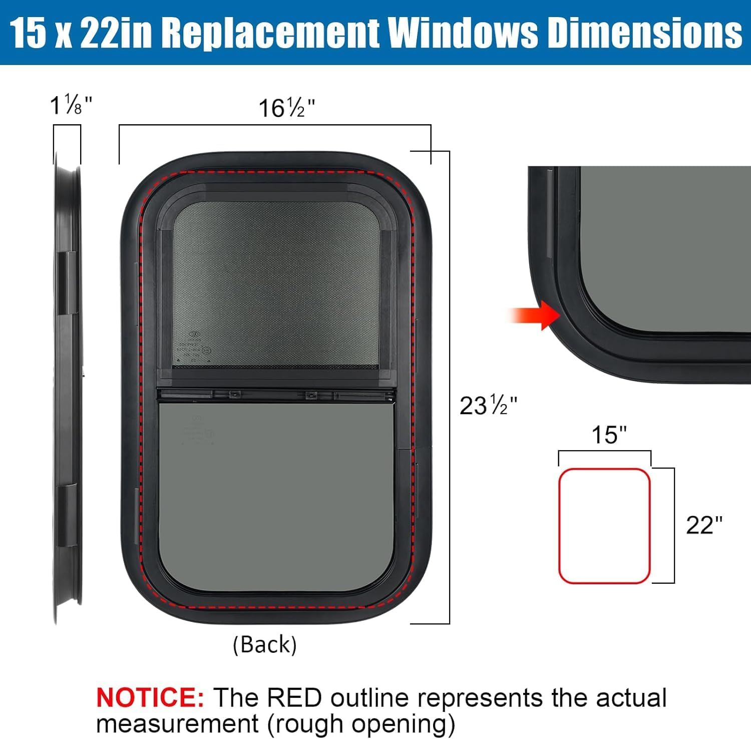 Vertical RV Window, 15" W x 22" H Tinted Sliding RV Window with Net Screen and Trim Ring, Suitable for 1-1/8" Thick Walls, DOT Approved