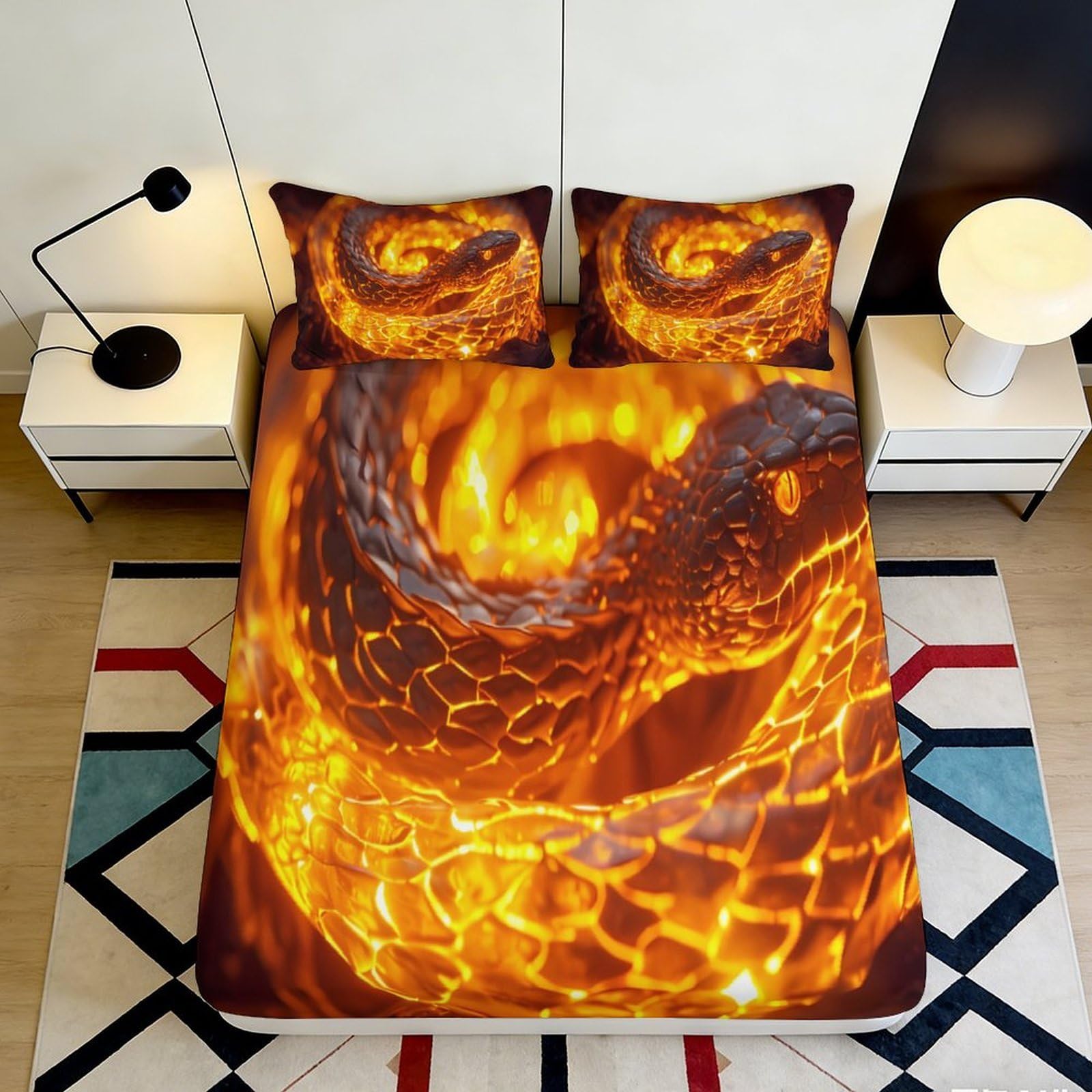 3D Printed Fiery Snake Fitted Sheet Microfiber Soft Breathable Golden Serpent Mattress Cover for Bedroom Decor 90x200x25cm