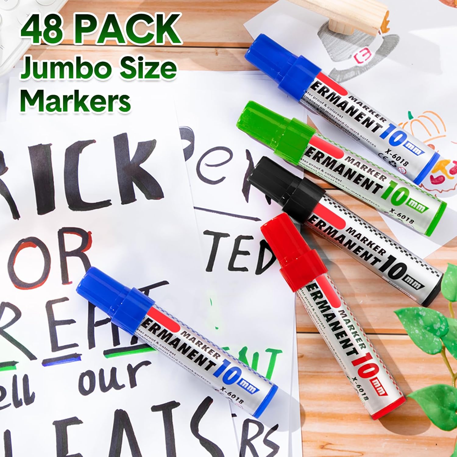 Thenshop 48 Pcs Jumbo Size Permanent Markers Bulk Waterproof Chisel Tip Marker Pens for Industrial Use Work on Wood Metal Plastic Stone Glass(Black, Blue, Green, Red)