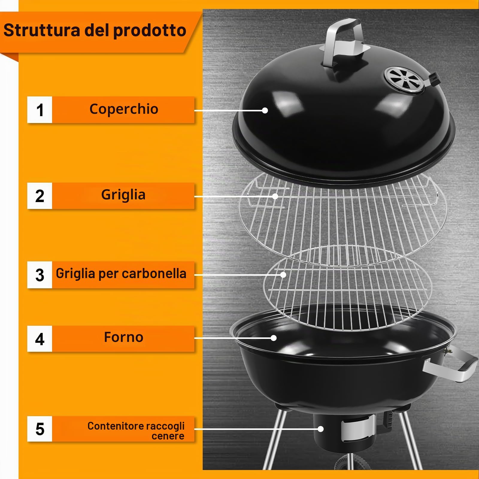 Barbecue a Carbone con coperchio e ruote Griglia BBQ carbonella per balcone da campeggio [L] | Diametro della griglia: 54 cm, carrello per barbecue a carbonella con ruote, adatto per il campeggio