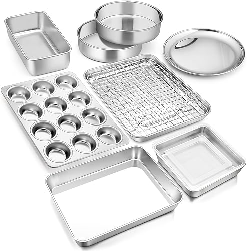 E-far Juego de 10 moldes para hornear, de acero inoxidable para horno, incluye bandeja para pasteles, bandeja para hornear, pizza, magdalenas, molde