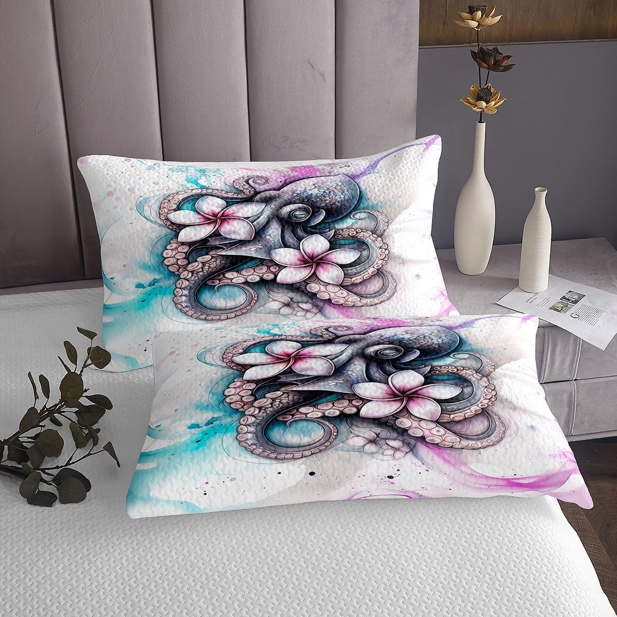 Homewish Trippy Octopus Bedspread King Size,Tropical Floral Bedding Set 3Pcs for Kids Girls Boys Teens Room Decor,Abstract Blue Purple Marbling Comforter Set Sealife Coverlet Quilt,2 Pillowcases